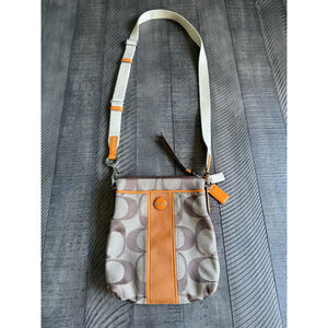 Coach Signature Jacquard Crossbody Bag Brown Tan Canvas Leather Trim Orange